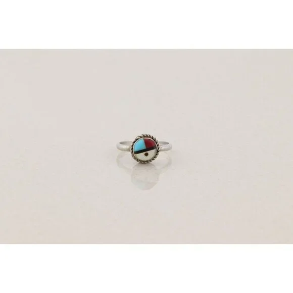Sterling Silver Turquoise Coral Onyx Mother of Pearl Zuni Face Ring Size 4 1/2 - Picture 7 of 7